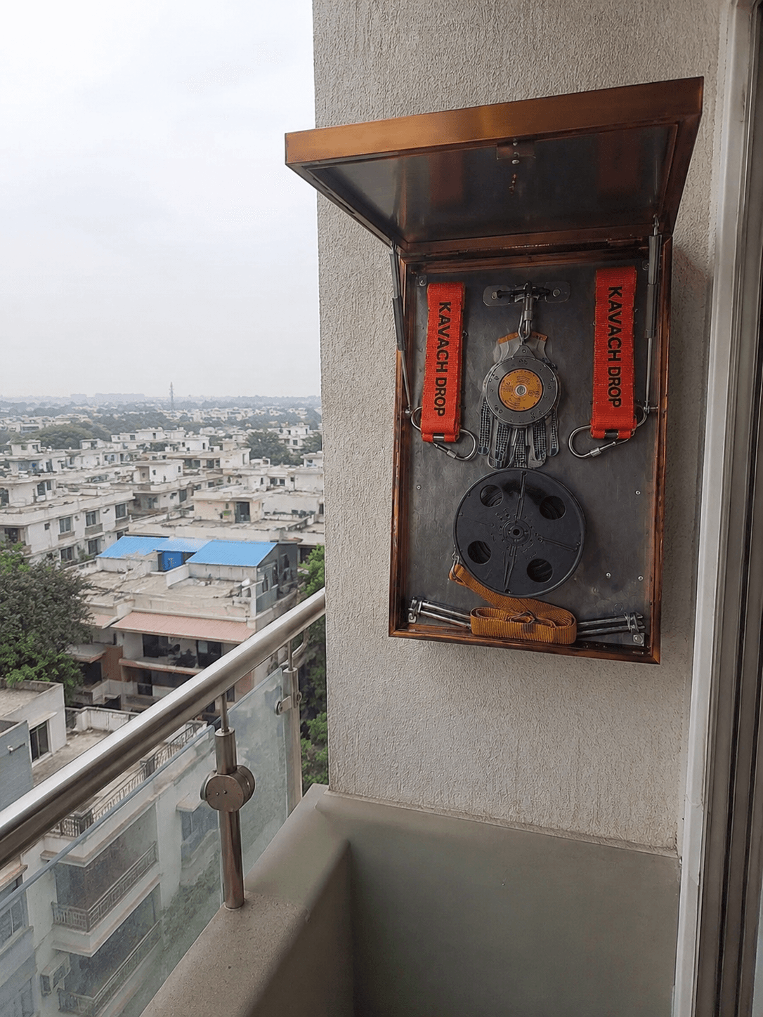 Kavach Drop installed on a high-rise balcony